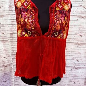 Free People Red and Yellow Embroidered Blouse